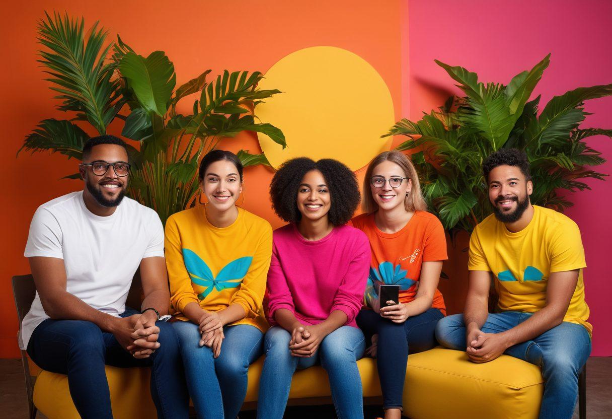 A diverse group of individuals in various casual settings, sharing their stories and support in a warm, inviting environment. The image should showcase a vibrant community with symbols of hope and recovery, such as plants and light. Incorporate elements of technology and social media, representing modern communication and trends in the Adicta lifestyle. Capture genuine emotions of connection and understanding. bright colors. contemporary art style.