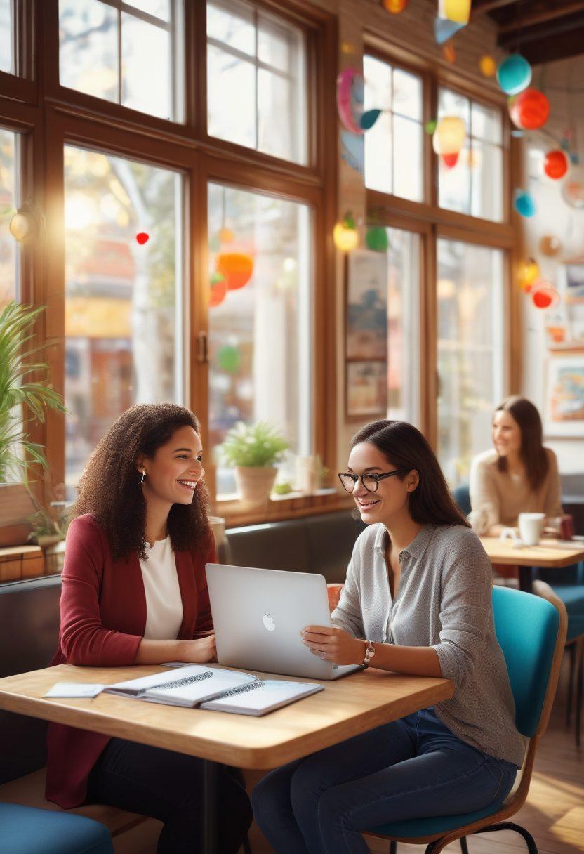 A vibrant café scene where diverse individuals are animatedly engaging in conversation. Include a laptop displaying the Adicta Community logo, coffee cups, and notebooks scattered on the table. Capture a warm, inviting atmosphere with colorful decorations and smiling faces, expressing enthusiasm and connection. Brightly lit with sunlight streaming in through large windows. super-realistic. vibrant colors. 3D.